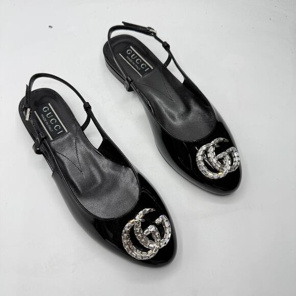 Gucci Double G Vernice Crystal Patent Slingback Ballerina Flat Black EU 36.5 - Picture 1 of 8
